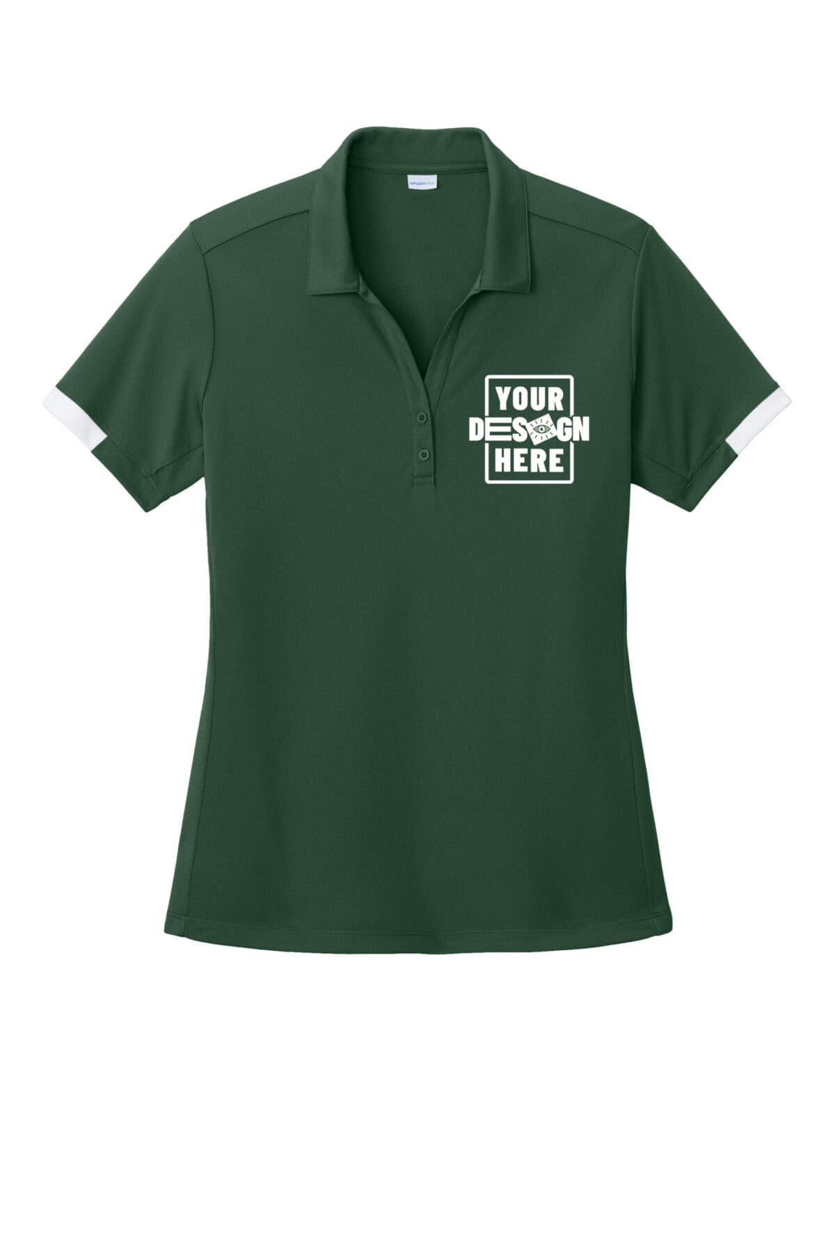 Custom green polo shirt with customizable design area on the chest.