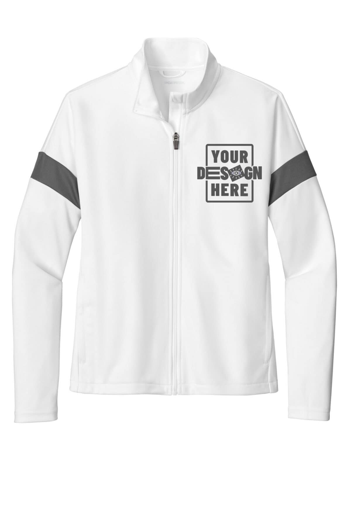 Custom green full-zip jacket with customizable design area for branding.