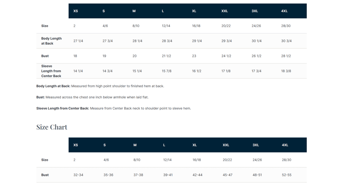 Size chart for Port Authority Women's C-FREE Cotton Blend Pique Polo in various sizes.