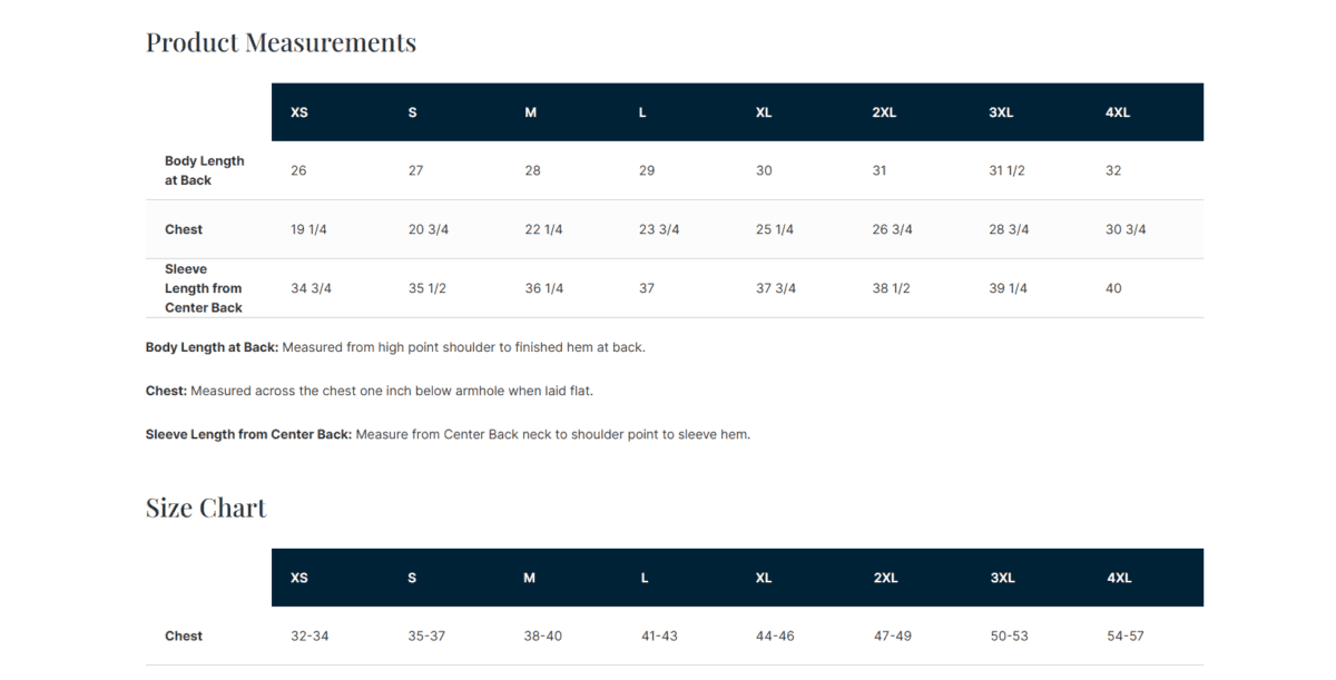 Port Authority® C-FREE® Rain Jacket size chart with measurements for all sizes.