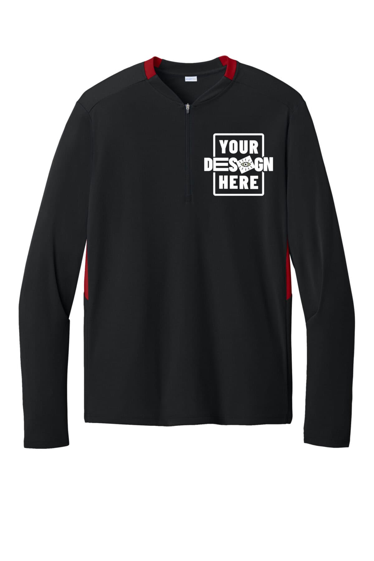 Custom black sports pullover with red accents and customizable design area.