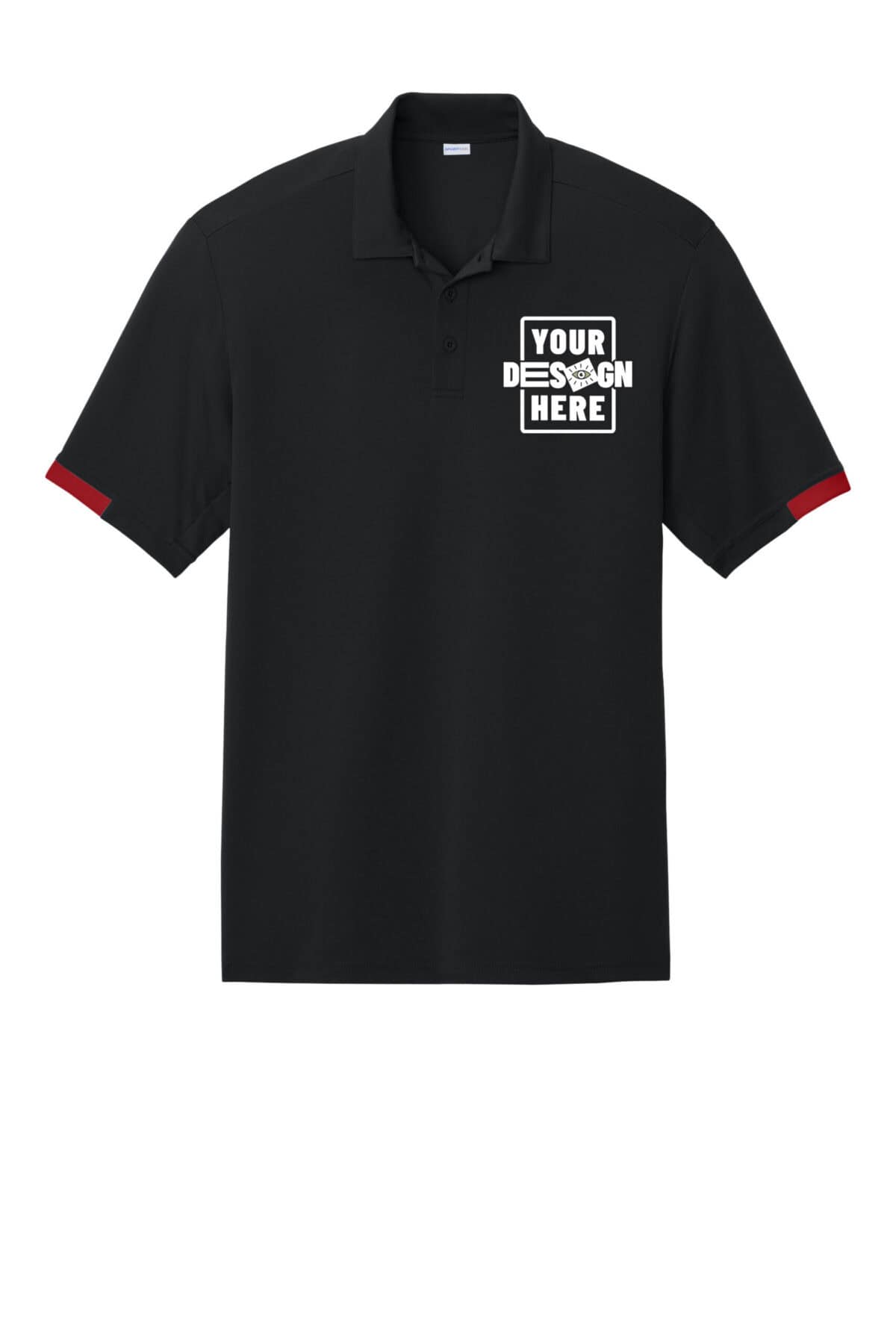 Black Sport-Tek® polo shirt with customizable logo area on chest.