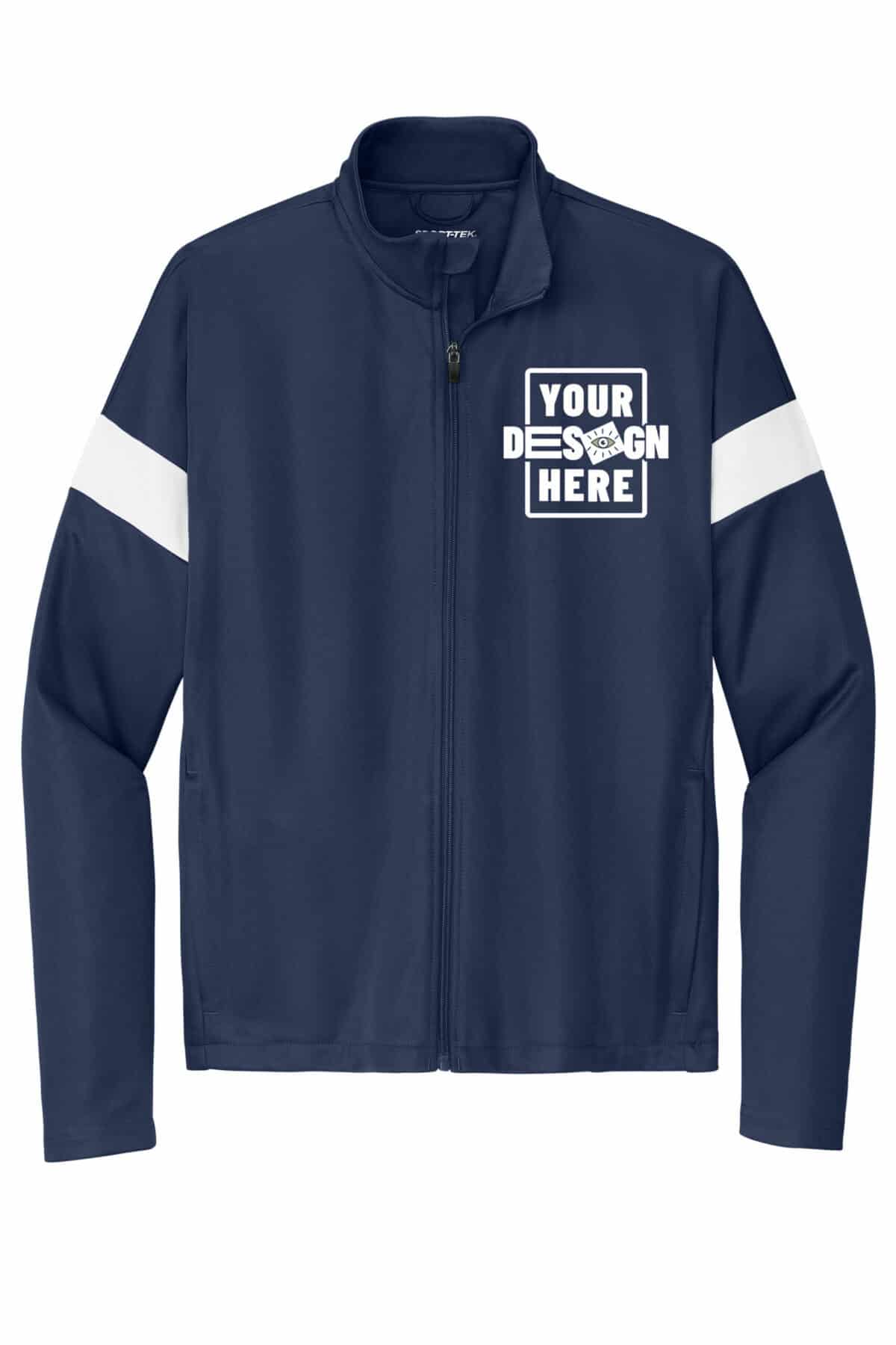 Customizable navy blue full-zip jacket with white stripe details on sleeves.